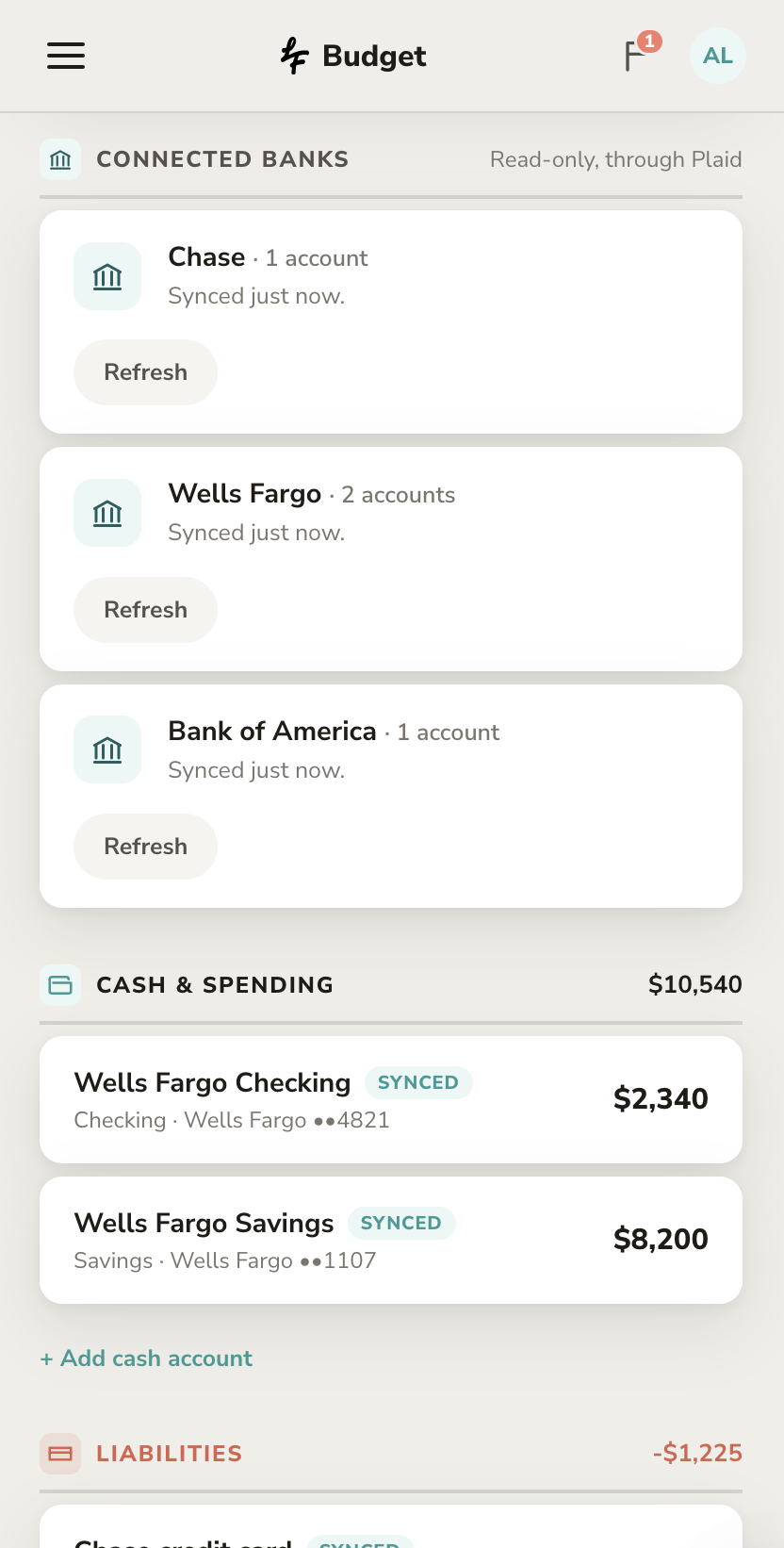 Budget linked accounts and spending trends