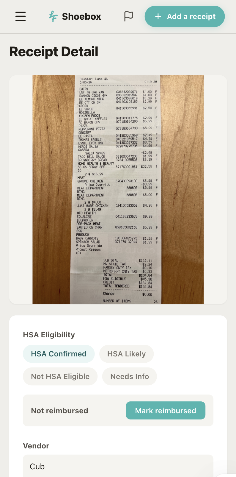 Shoebox capturing a receipt